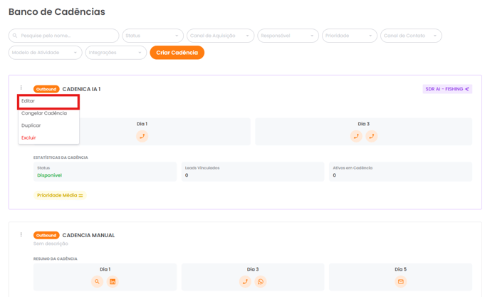 Menu de ações ao lado do modelo de atividades com a opção Editar