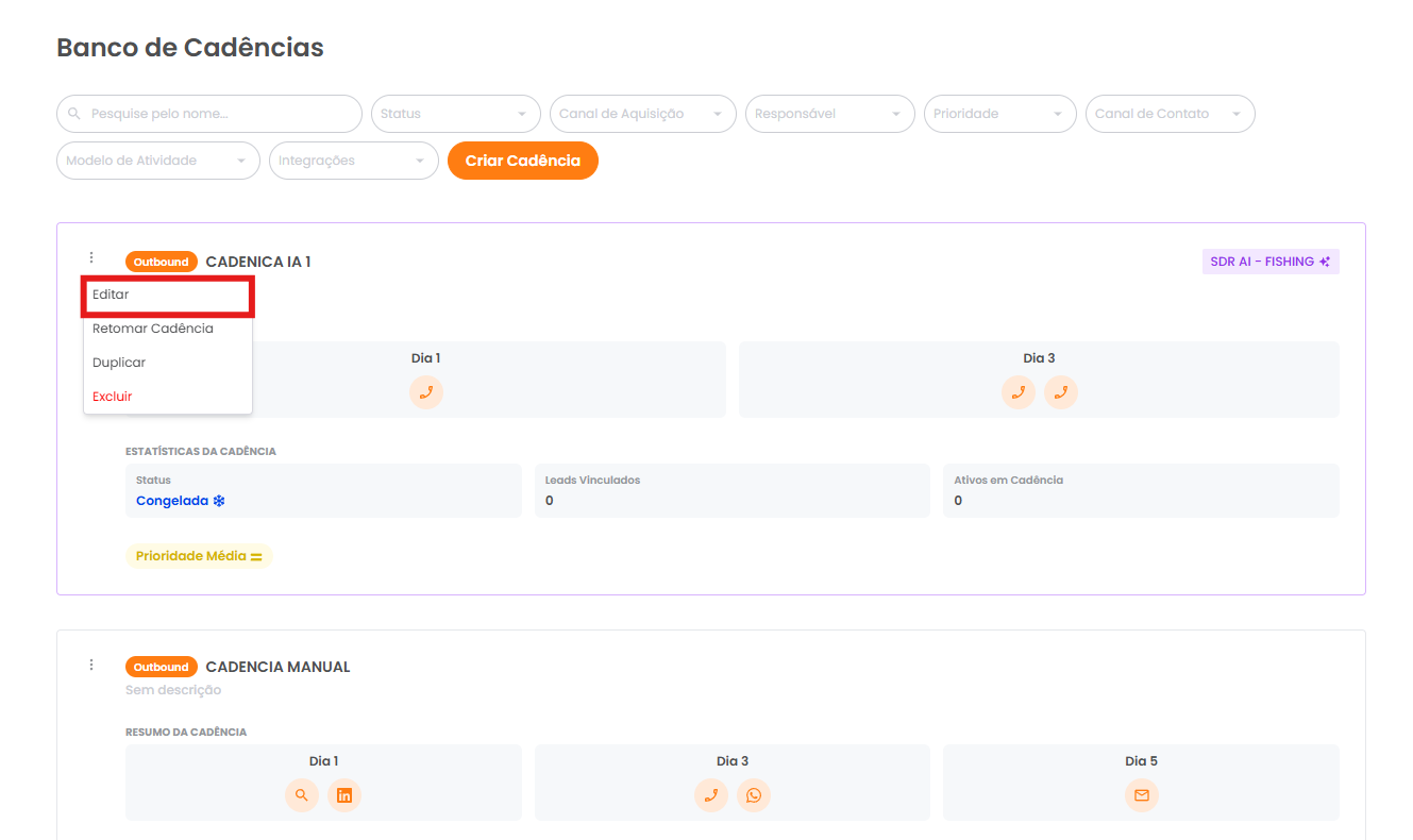 Menu de ações da cadência congelada com a opção Editar
