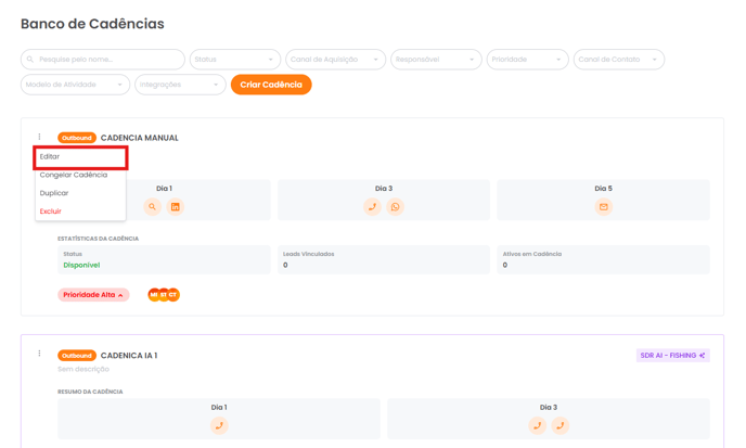 Menu de ações da cadência com a opção Editar destacada