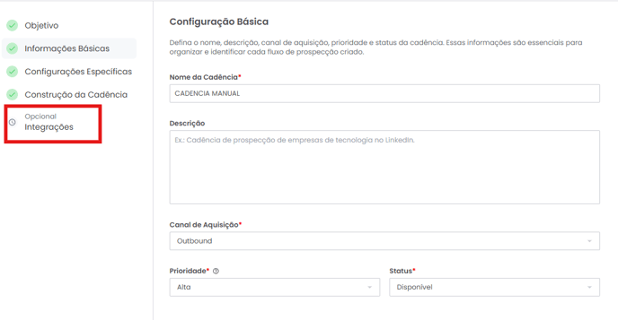 Seção Integrações dentro das informações da cadência de prospecção