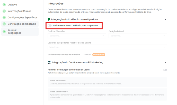 Switch Enviar Leads desta Cadência para o Pipedrive habilitado