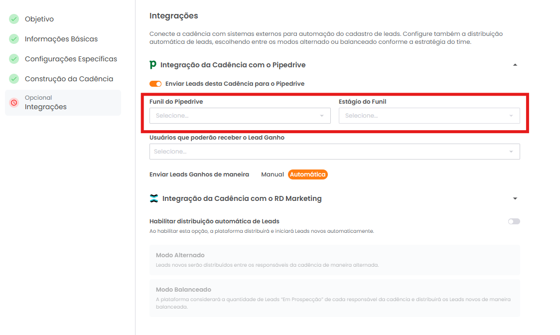 Seleção de Funil e Estágio do Pipedrive para envio dos leads