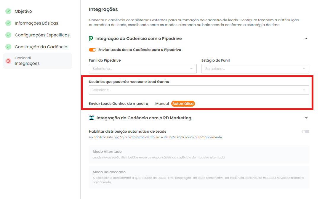 Seleção de usuários e modo de envio dos leads com o botão Salvar