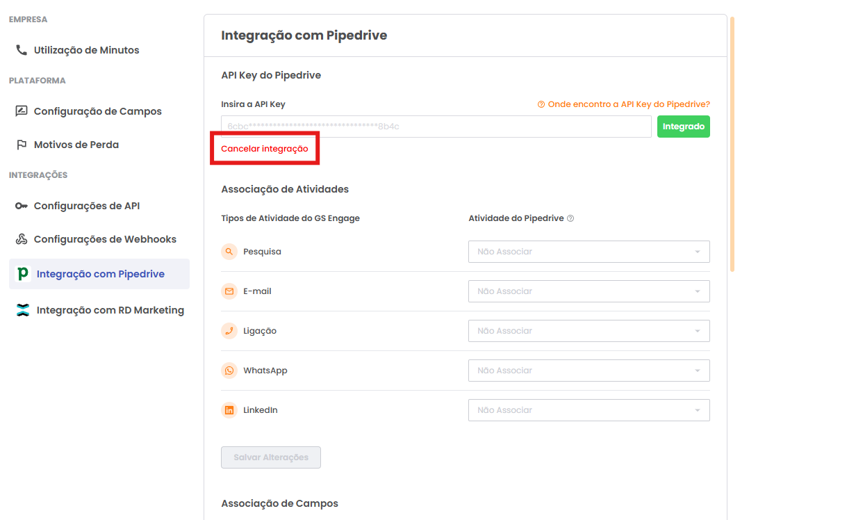 Atalho Cancelar integração na aba da integração com o Pipedrive