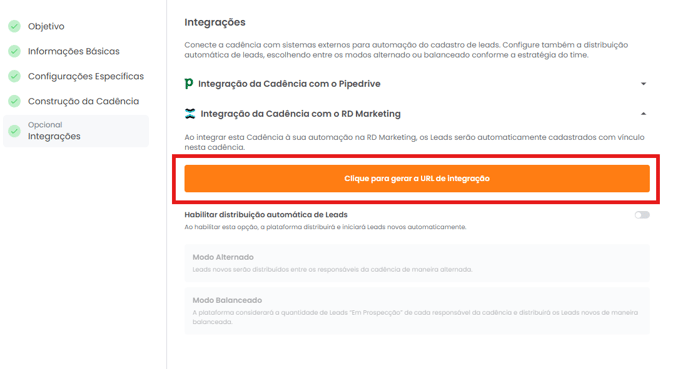 Geração da URL de integração e cópia do ID da cadência