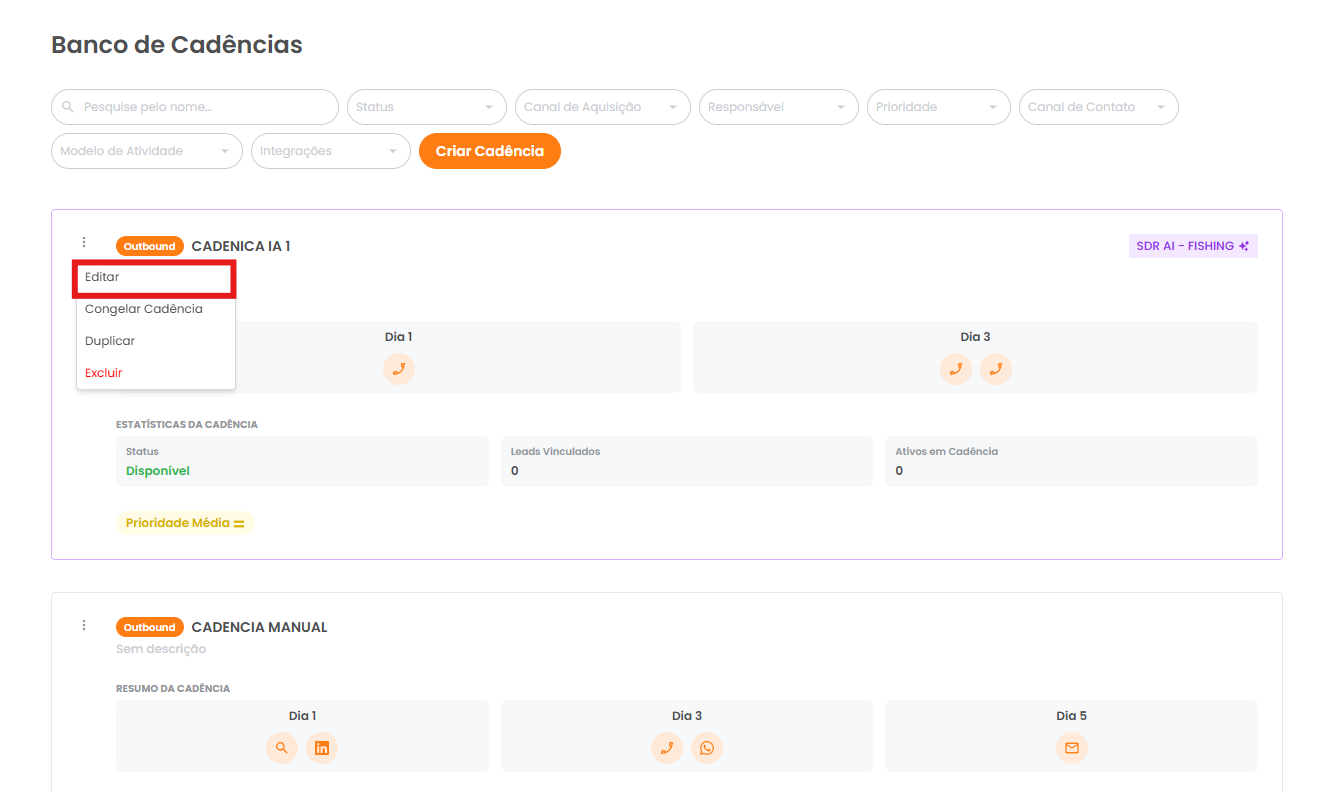 Menu de ações da cadência com a opção Editar