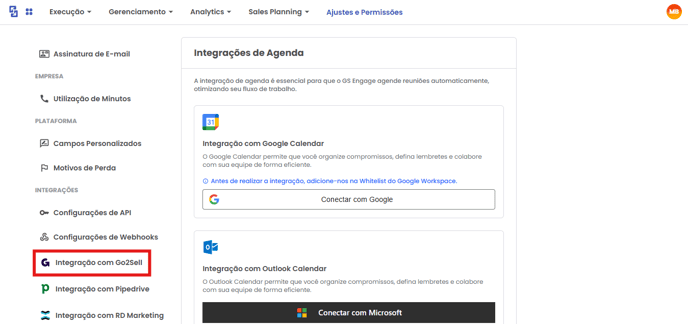 Seção Integração com Go2Sell nos Ajustes e Permissões