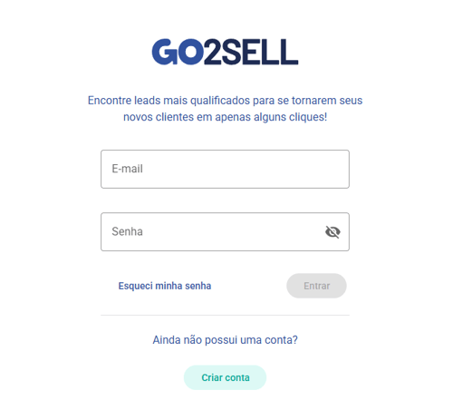 Tela de login da Go2Sell com campos de e-mail e senha