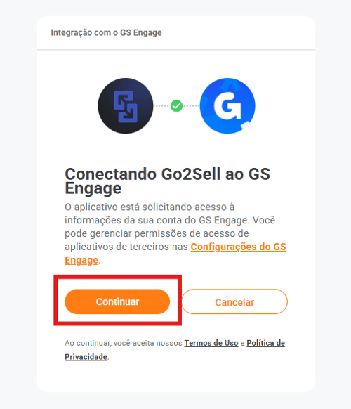 Tela de confirmação com o botão Continuar