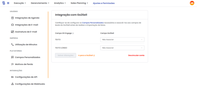 Tela de integração concluída entre GS Engage e Go2Sell