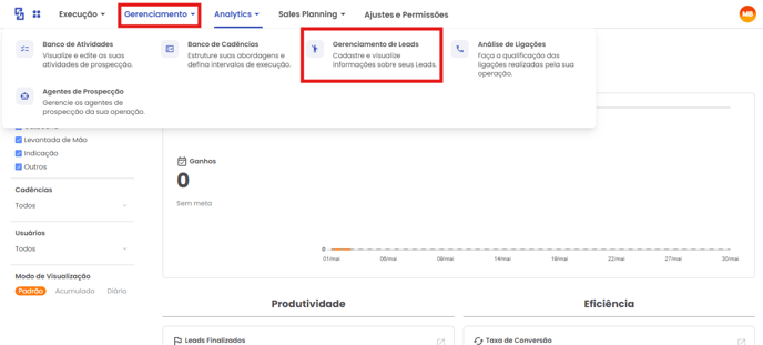 Atalho Gerenciamento de Leads na navbar do GS Engage