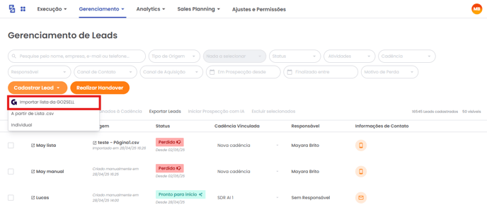 Opção Importar lista da Go2Sell no menu Cadastrar Leads