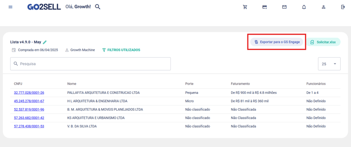Opção Exportar para o GS Engage em uma lista da Go2Sell