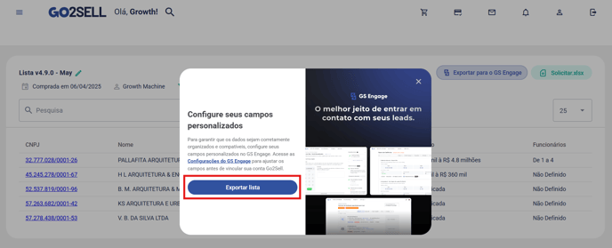 Botão Exportar lista para envio dos leads ao GS Engage