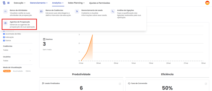 Opção Agentes de Prospecção no menu Gerenciamento