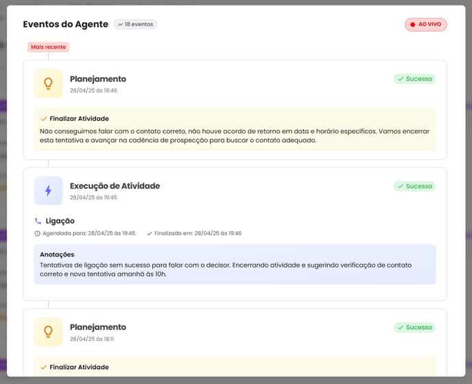 Janela com o histórico de eventos executados pelo agente