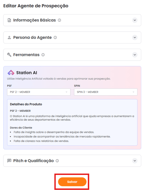 Tela de edição das informações do agente