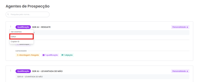 Menu de ações do agente com a opção Editar
