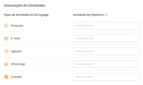 Tela de Associação de Atividades entre GS Engage e Pipedrive