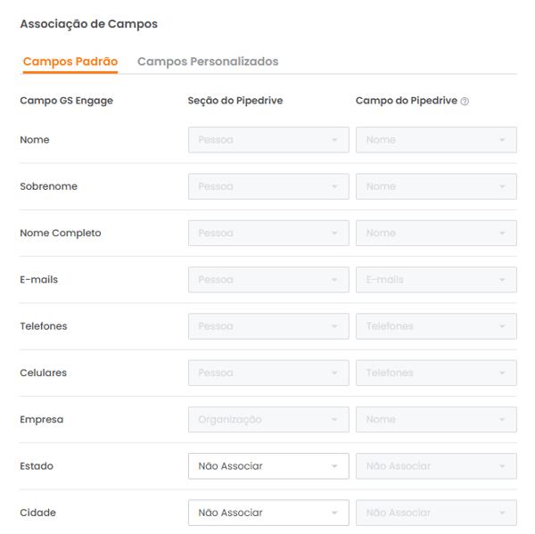 Tela de Associação de Campos entre GS Engage e Pipedrive