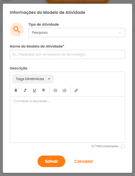 Pop-up de criação de modelo com os campos de tipo, nome e descrição