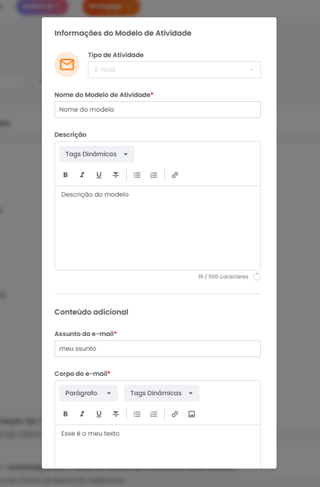 Pop-up de edição de modelo de atividade com o botão Salvar