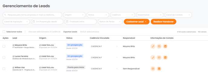 Lista de leads com filtros para acessar a Página do Lead