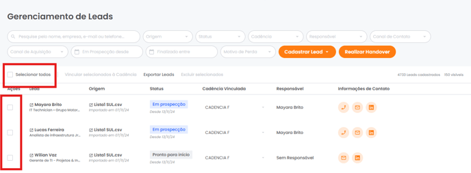 Caixas de seleção e o seletor Selecionar todos na lista de leads
