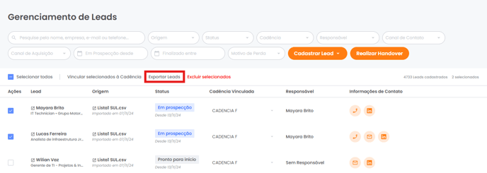 Atalho Exportar Leads com a opção Selecionados