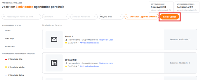 Botão Iniciar Leads no Painel de Atividades