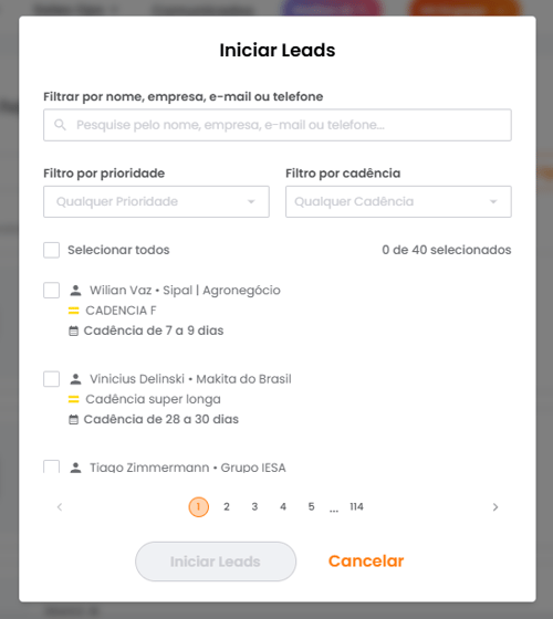 Pop-up de iniciar leads com filtros de prioridade e cadência
