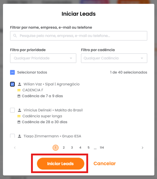 Leads selecionados com o botão Iniciar Leads