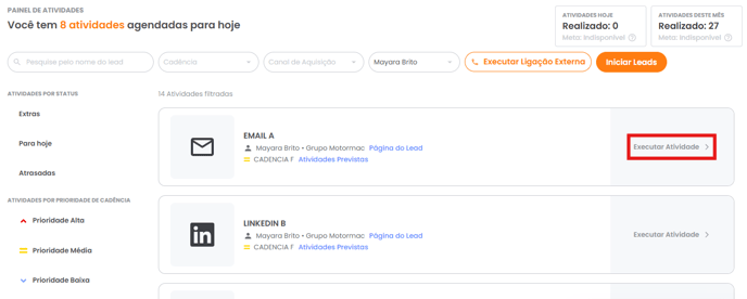 Lista de atividades com o botão Executar atividade