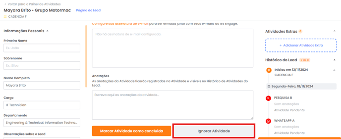 Botão Ignorar Atividade na página de execução
