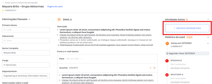 Botão + Adicionar Atividade Extra no menu lateral direito com os tipos de atividade
