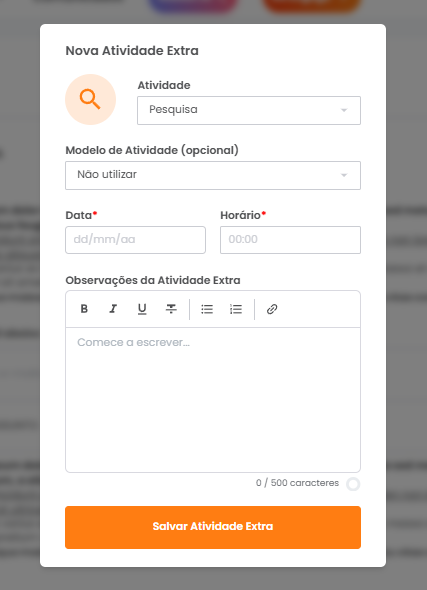 Modal de nova atividade extra com data, horário e observações