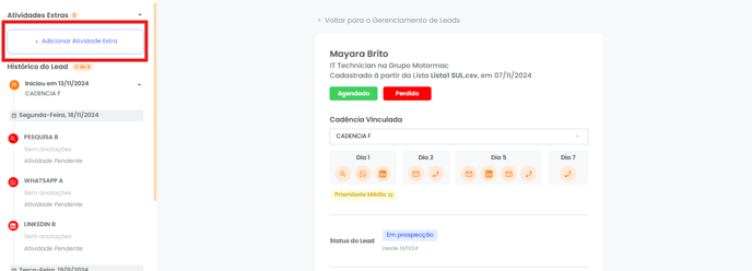Botão + Adicionar Atividade Extra na Página do Lead