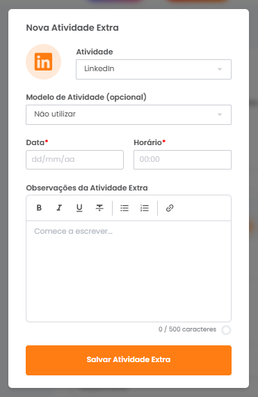 Modal de nova atividade extra a partir da Página do Lead