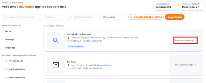 Atividade extra localizada no Painel de Atividades com botão Executar atividade