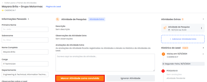 Botão Marcar atividade como concluída