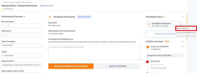 Menu de ações da atividade extra com a opção Editar detalhes