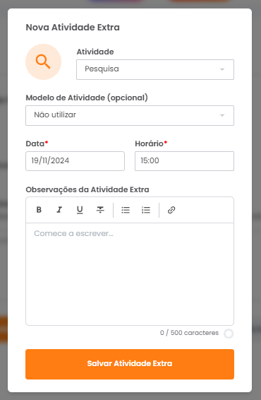 Modal de edição da atividade extra