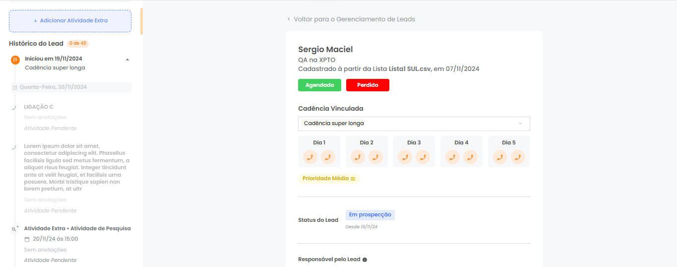 Painel de Atividades com as datas ajustadas após a criação da atividade extra
