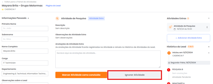 Botão Ignorar Atividade na página de execução