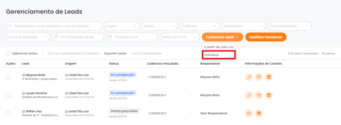 Botão Cadastrar Leads com a opção Individual selecionada