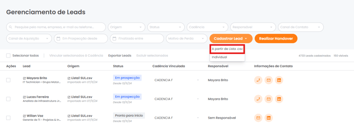 Botão Cadastrar Leads com a opção A partir de lista