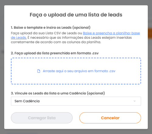 Pop-up de cadastro por lista com opção de upload e download da planilha padrão
