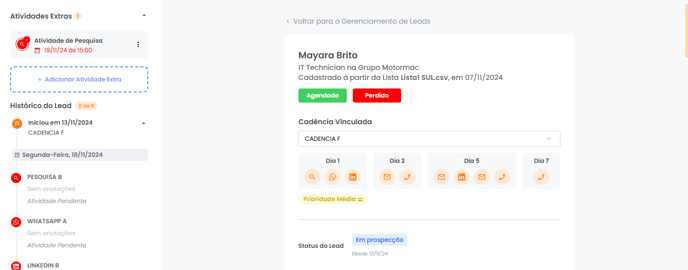 Visão geral da Página do Lead com as seções de informações pessoais, da empresa e de contato