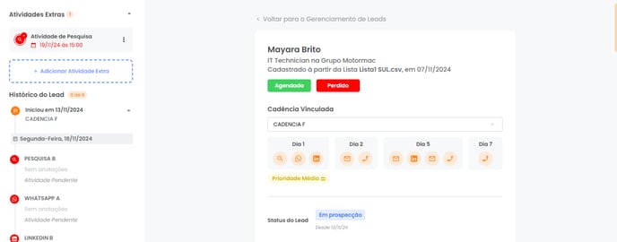Página do lead exibindo dados, Cadência Vinculada e Status