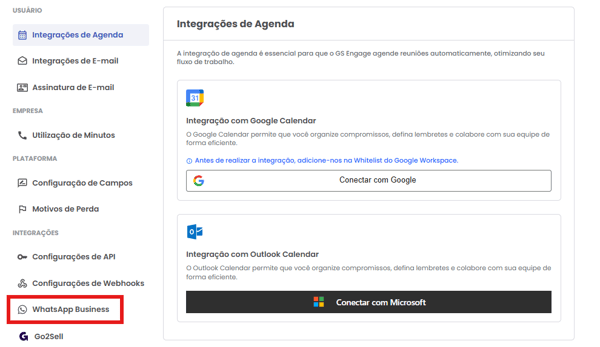 Página de Ajustes e Permissões com a opção WhatsApp Business